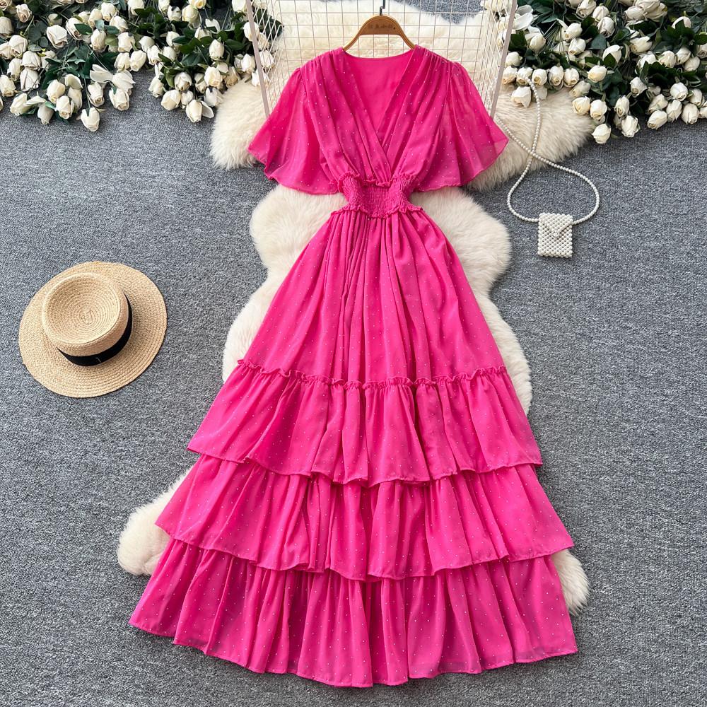 French V-neck red polka dot temperament dress women's summer waist and thin A-shaped cake dress dopamine style