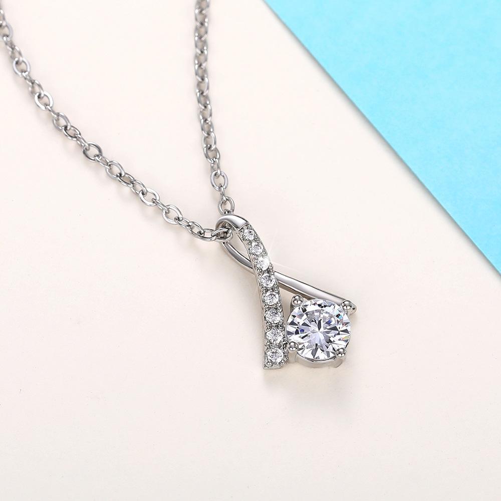 Silver Plated Round Cut CZ Solitaire Pendant Necklace, Twisted Accent Cable Chain Necklace for Women