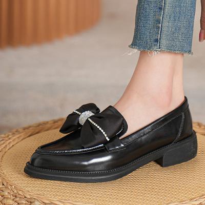 Mode Spitzschuh Schleife Slipper Damen hochwertige Leder Oxford Schuhe dicker Absatz flache Schuhe Damen Kristallschleife Arbeitsschuhe Größe 42
