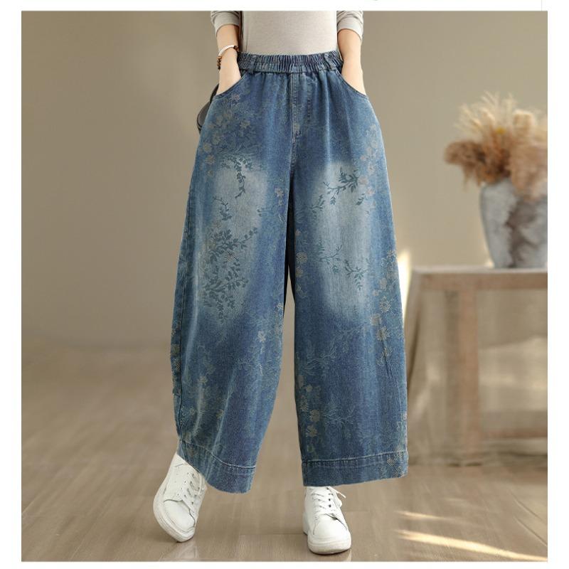 DIMANAF 2025 Plus Size Autumn Jeans New Long Pants Floral Print Women Loose Denim Trousers Big Size Casual