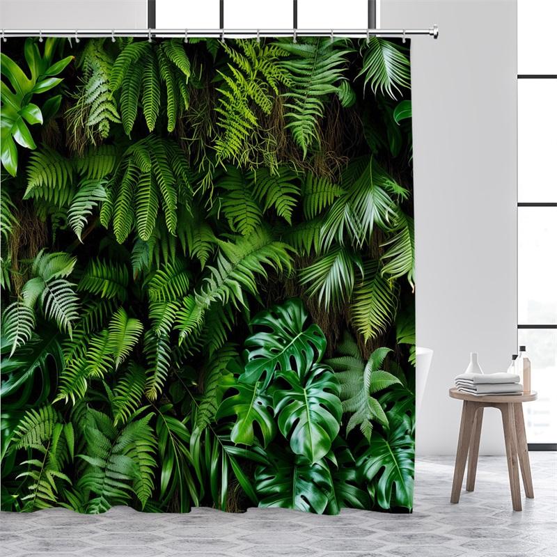 Green Leaves Shower Curtains Tropical Leaf Garden Vine Plant Wall Hanging Fabric Home Bathroom Decor Bath Curtain Set with Hooks