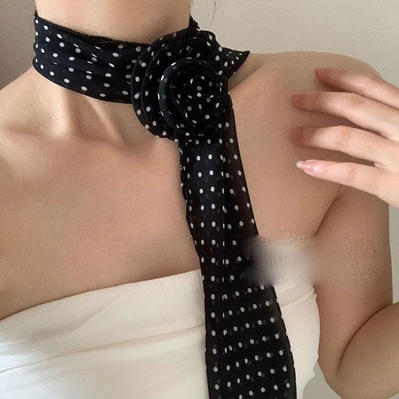 Y2K Black Polka Dot Rose Irregular Long Scarf - Sexy, Versatile Millennial Style for Bloggers