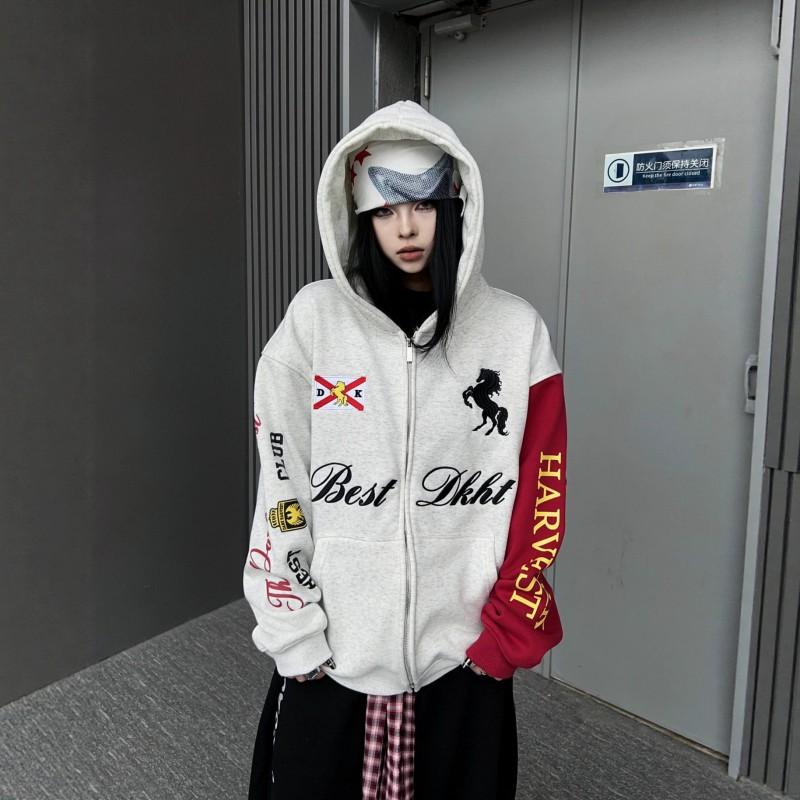 Womens Vintage Color Block Hooded Cardigan Embroidered Loose Fit Sweatshirt