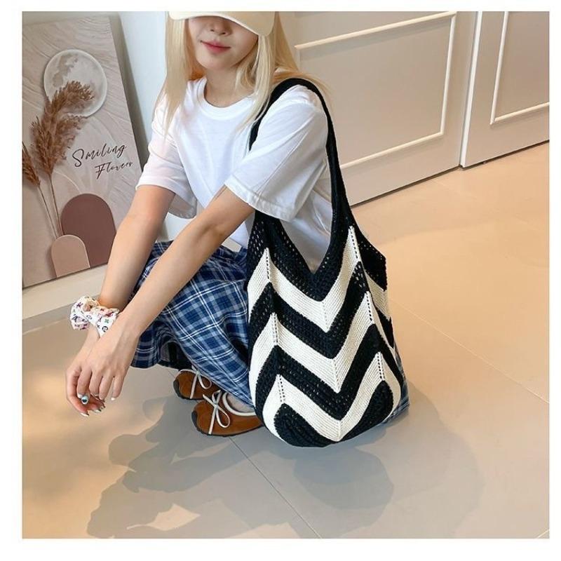 Woven mesh pocket women's large-capacity new hollow knitted relaxation seaside vacation tote shoulder backpack