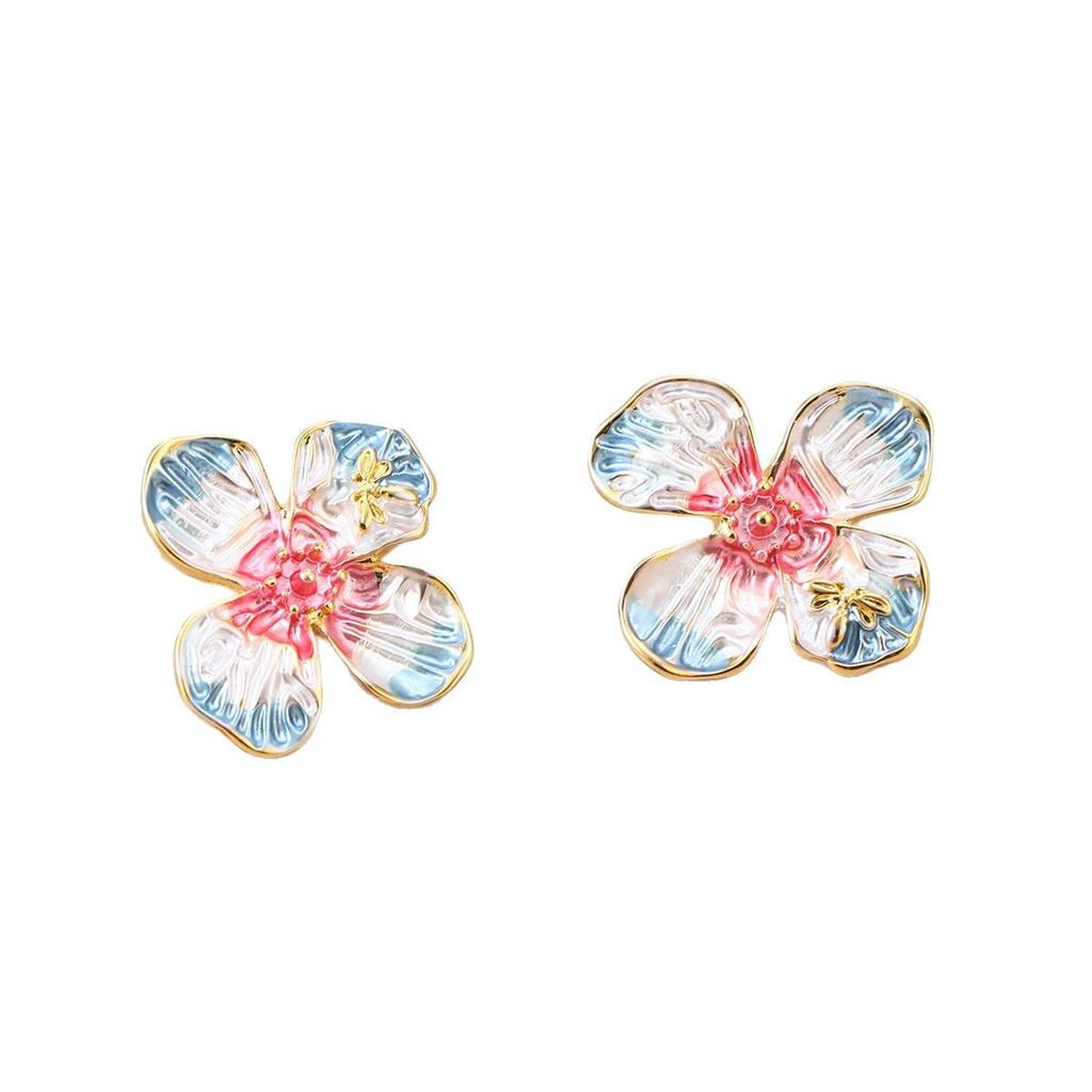 French silver needle flower painted medieval earrings niche design pearl explosion spring and summer stud earrings