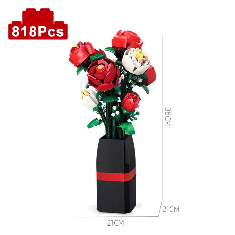 Creative Moc Red Rose Vase Plants Model Building Blocks Romantic Classic Flowers Bouquet Potted Bricks Toys Valentine's Day Gift
