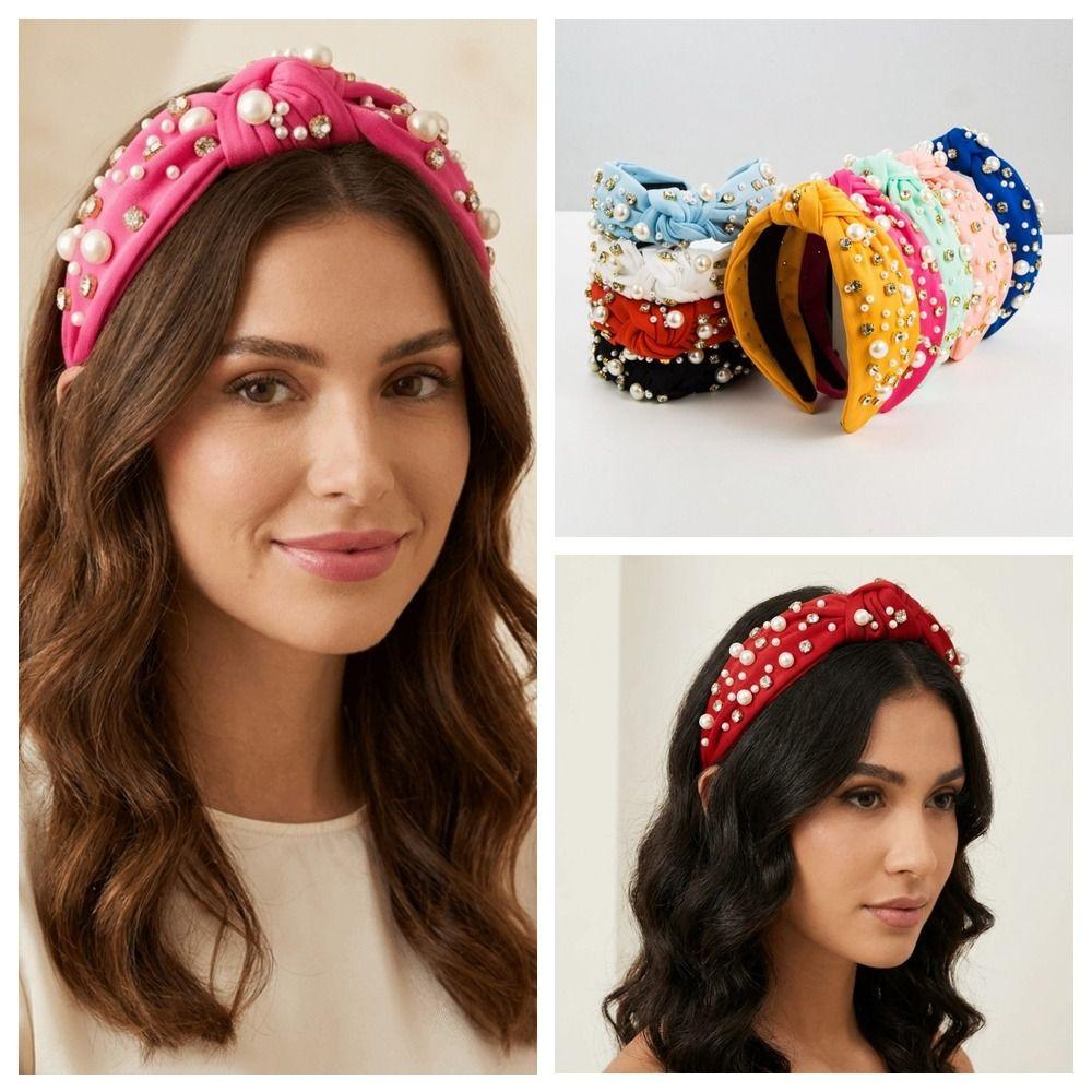 Nail Pearl Head Hoop Solid Color Baroque Headband Vintage Rhinestone Pearl Hairband Adult