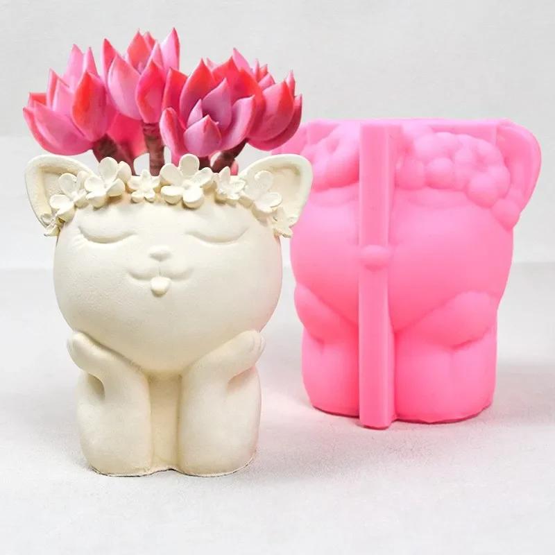 Silicone Mold Cartoon Wreath Cat Flower Pot Succulent Pen Holder DIY Making Resin Concrete Vase Cactus Silicone Mold Home Decor