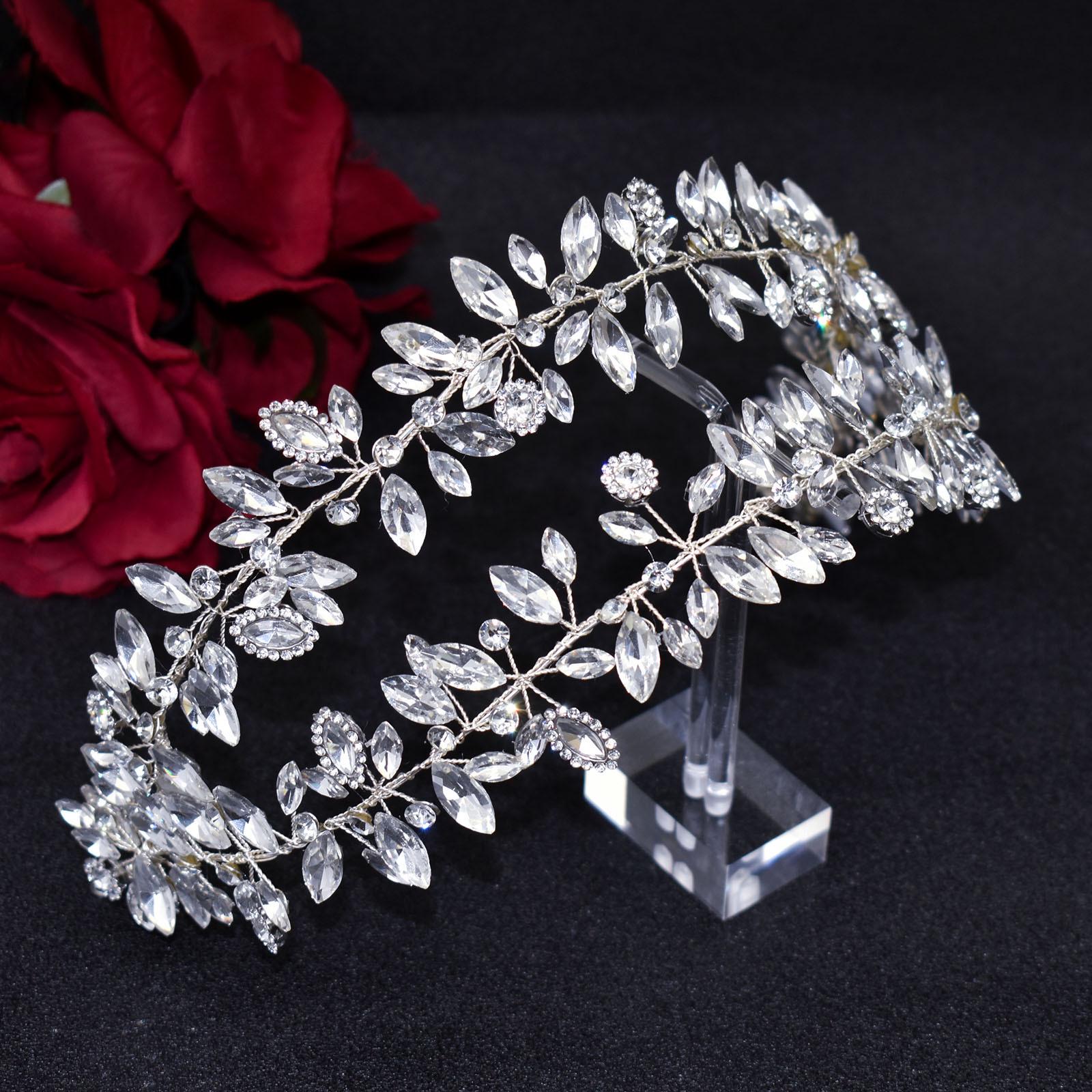 

Двухрядная повязка на голову с цветком из стразов для свадебной фаты, аксессуары для волос Small серебряный