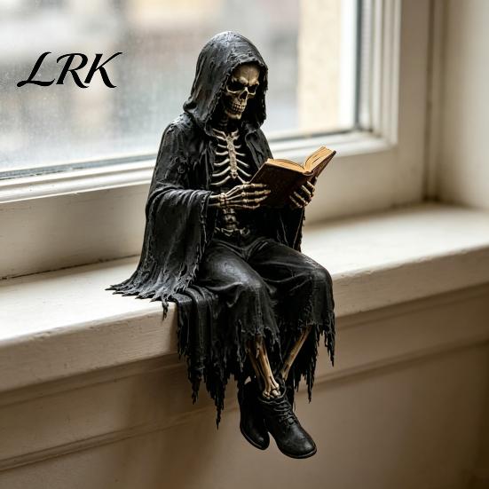Zittend Magere Hein Model Gotische Dark Fantasy Figuur, Lezend Met Kap Standbeeld, Hars Skelet Standbeeld Halloween Figuurtje voor Boekenkast Huisdecoratie