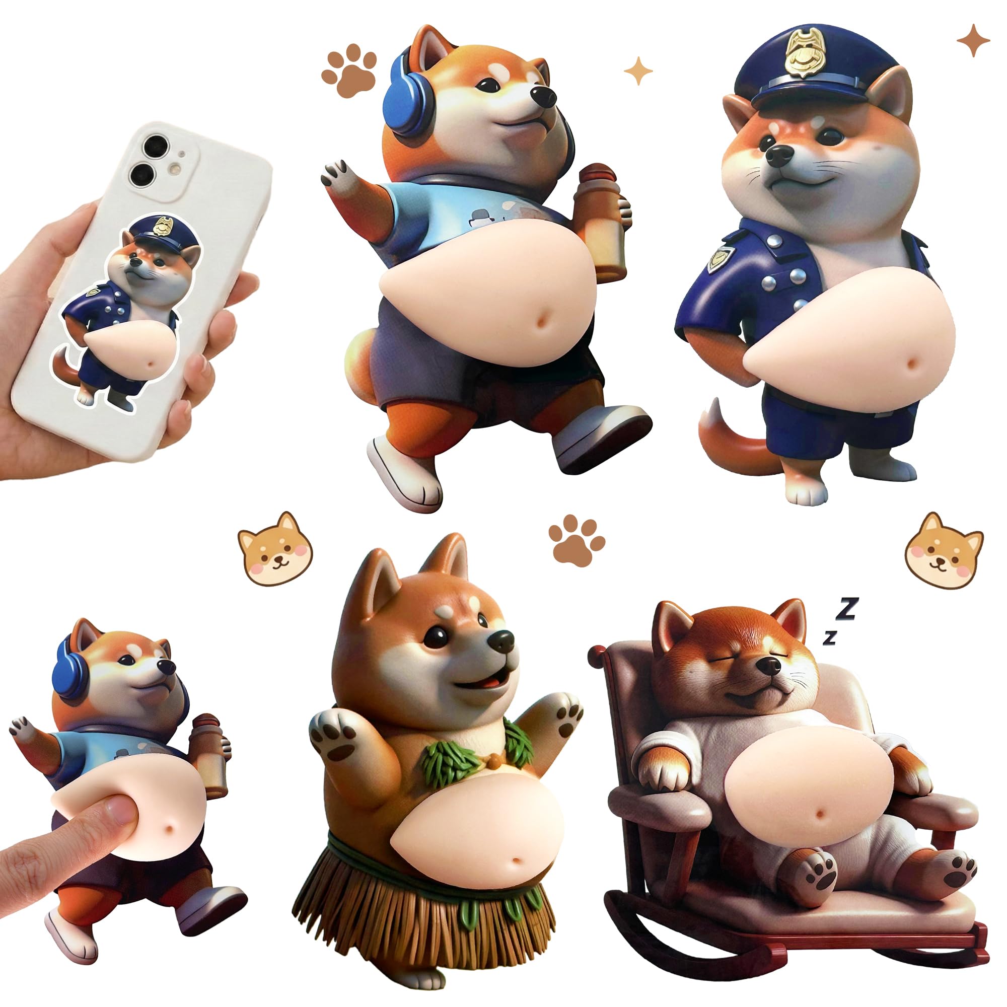 GOKEI Puni Puni Belly Sticker 3D Squishy Cat Dog Shiba Inu Calico Stress Relief 4-Piece Set