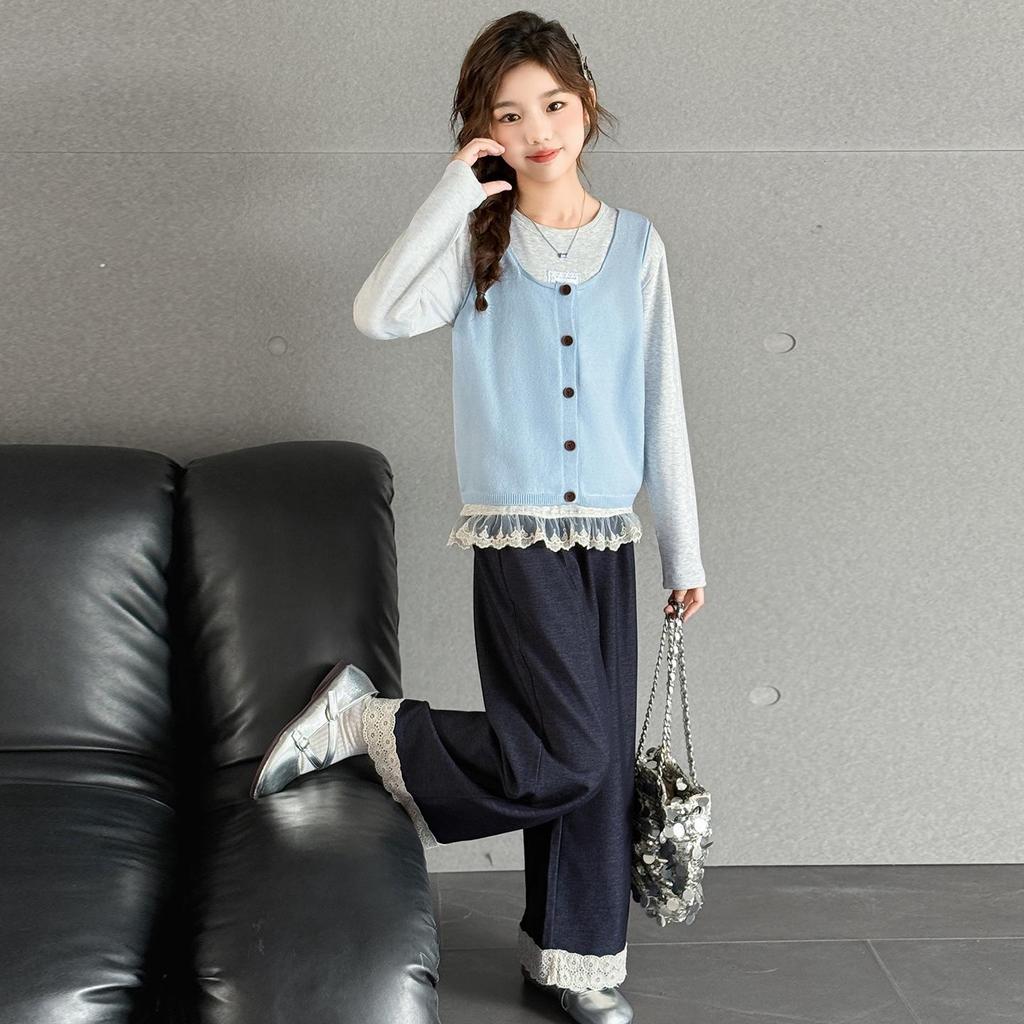 2025 Girls' Spring & Autumn Korean-Style Lace Fashion Three-Piece Set
