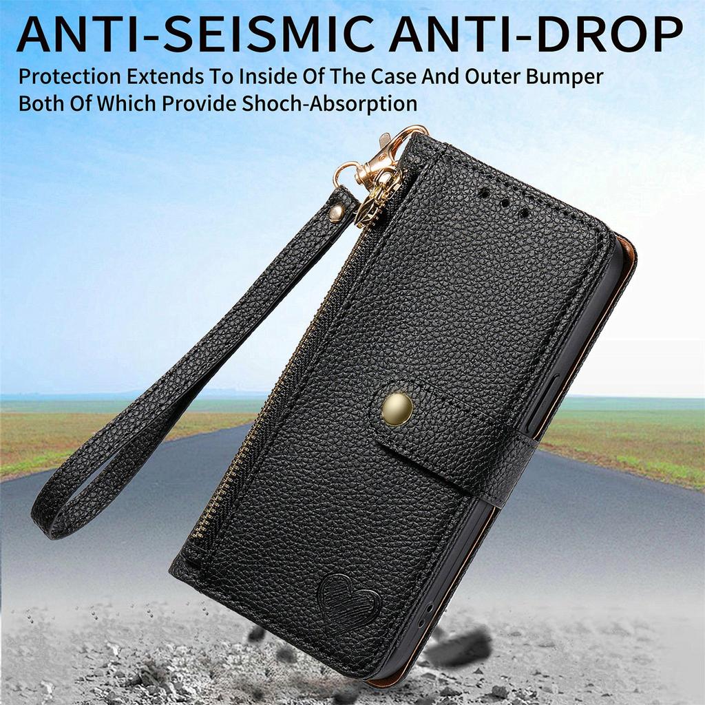 For Oukitel C62 Case RFID Blocking Zipper Pocket Leather Wallet Phone Cover with Strap