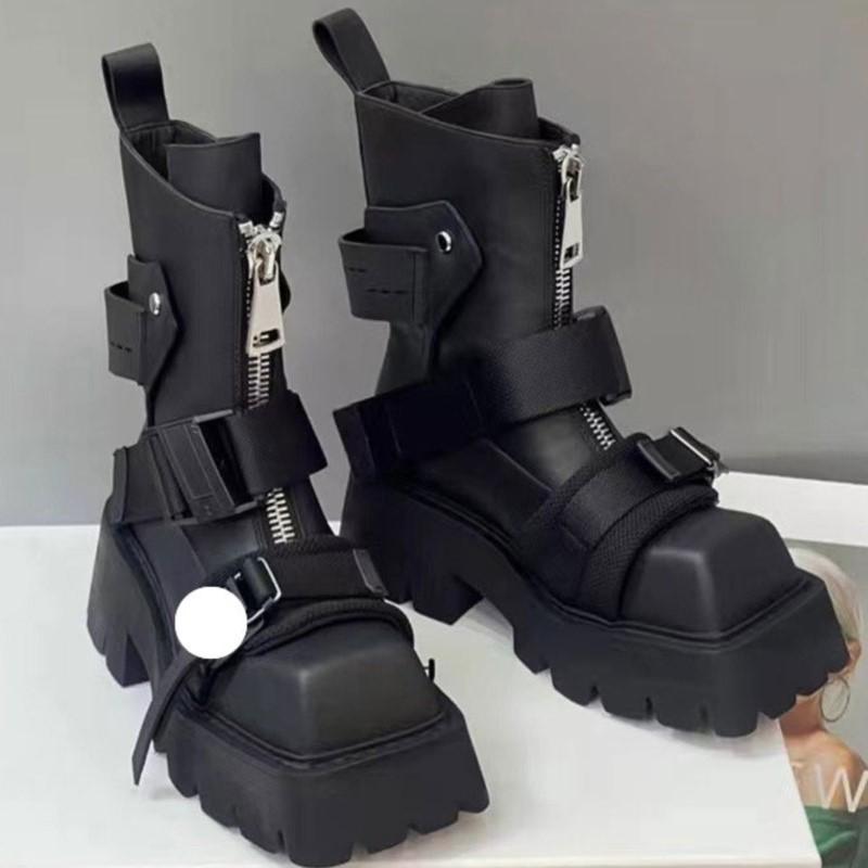 Mode 2025 Neue Klobige Plateau Kampfstiefel Damen Eckige Zehenpartie Mittlere Wade Schwarz Motorrad Stiefeletten Fleecegefüttert Herbst Frühling Trend