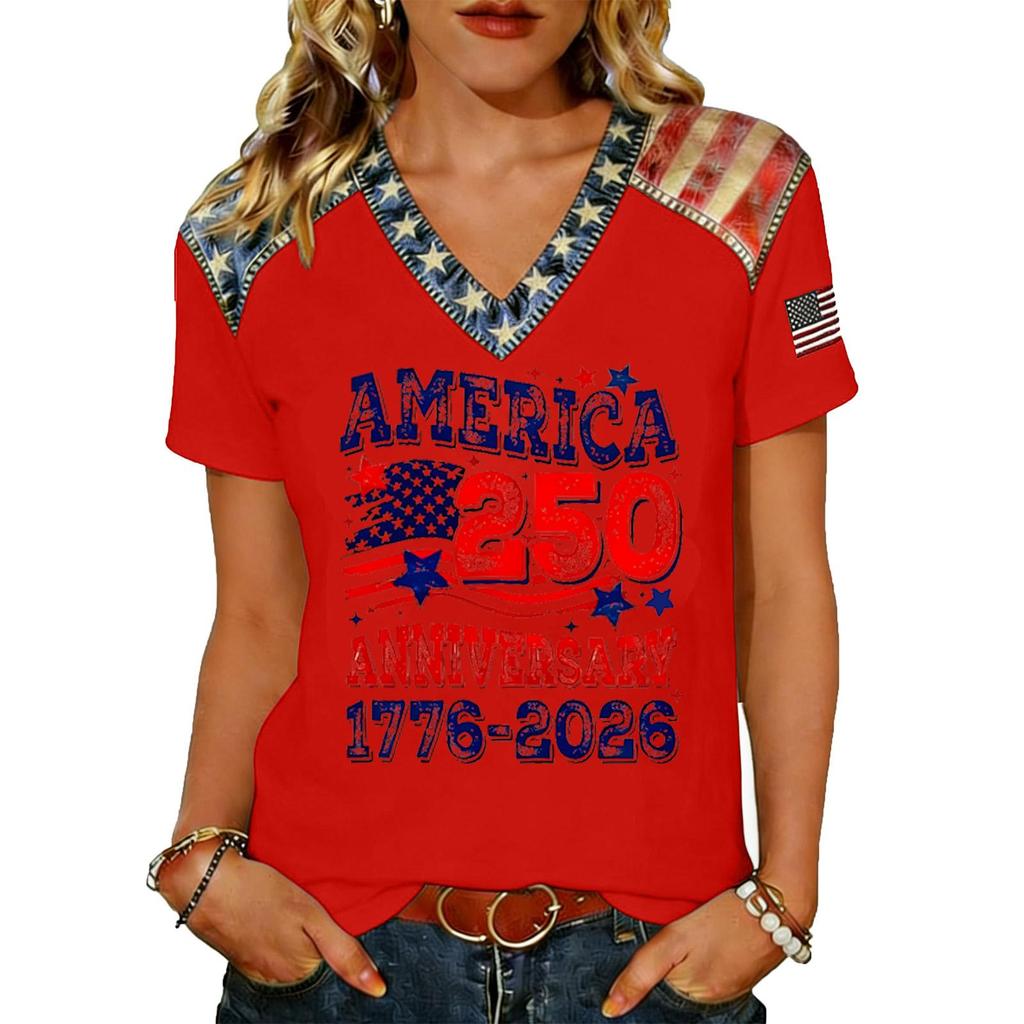 Women's Casual V Neck Short Sleeve Pullover T Shirt Top American Flag Print 250th Anniversary Graphic Tee Lightweight Comfortable