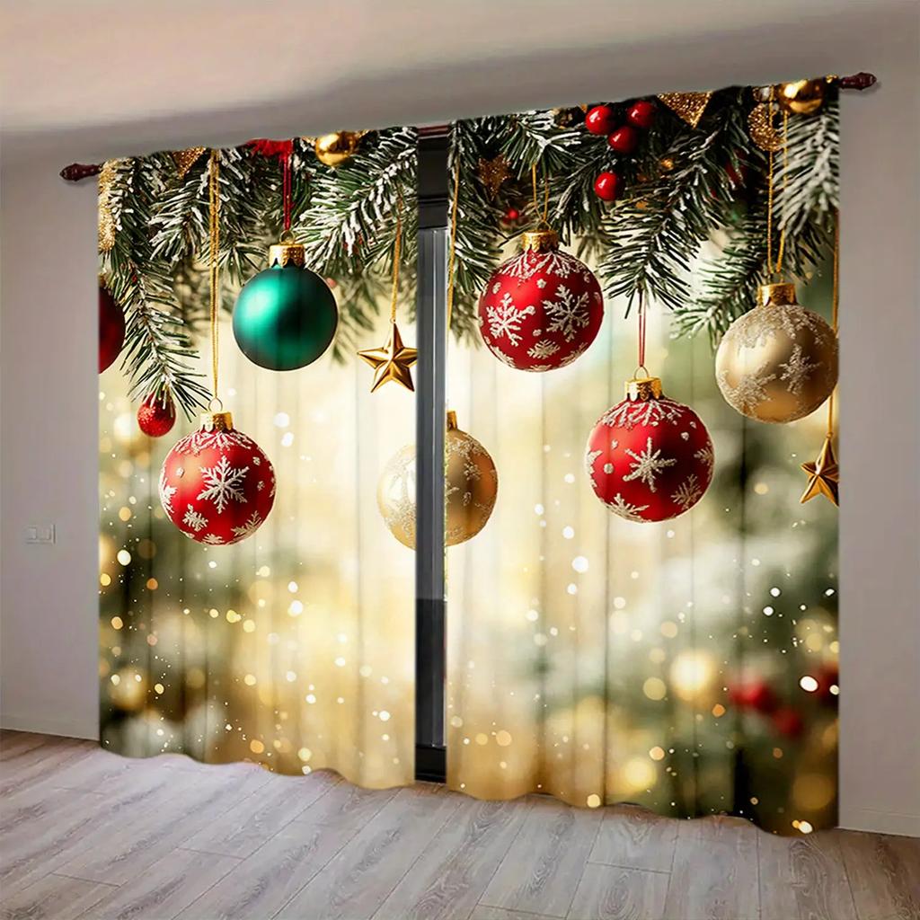 Red Gold Christmas Curtains Snowflakes Berries Print Bedroom Living Room Kitchen Office Holiday Decor Light Filtering Polyester Window Treatment