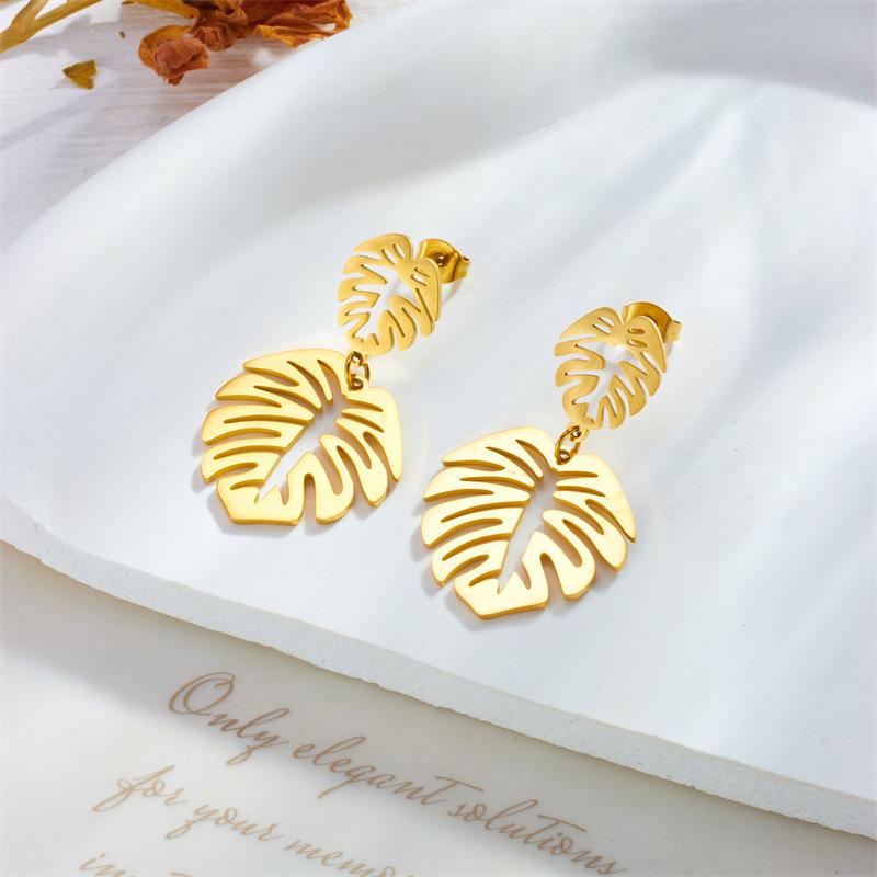 Gold Monstera Leaf Drop Earrings for Women