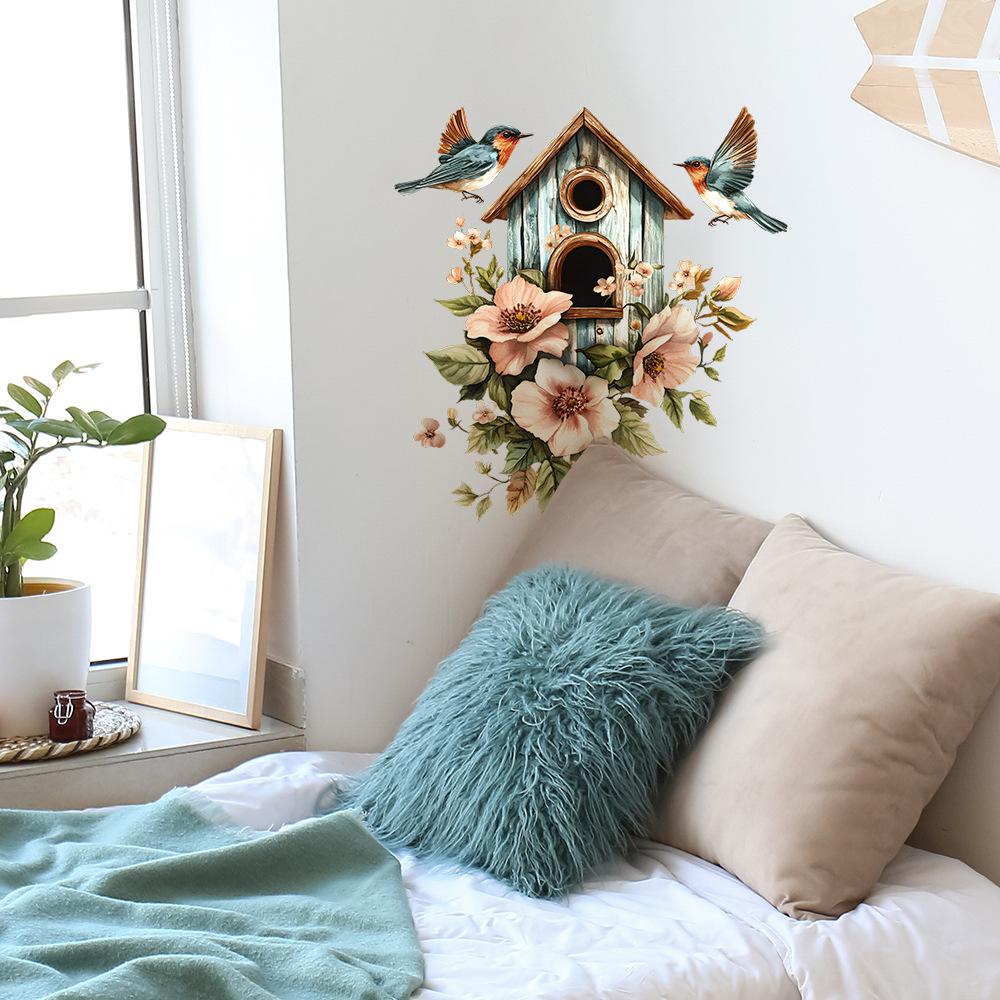Painted Flowers Bird Birdcage Bedroom Living Room Entrance Home Beautification Decoration Wall Stickers