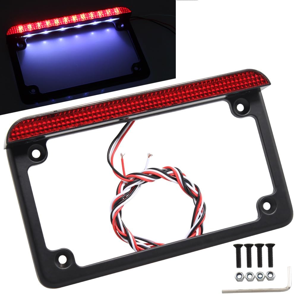 Universal Motorcycle Aluminum License Plate Frame w/LED Light Brake Tail Light, 7"×4"(OD) (Black-Red)