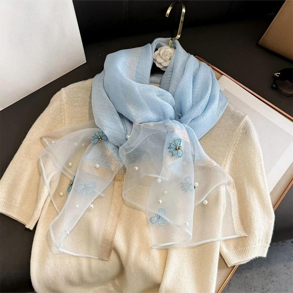 Elegant Thin Silk Scarf Bow Lace Scarf Wraps Fashion Embroidery Scarf Spring
