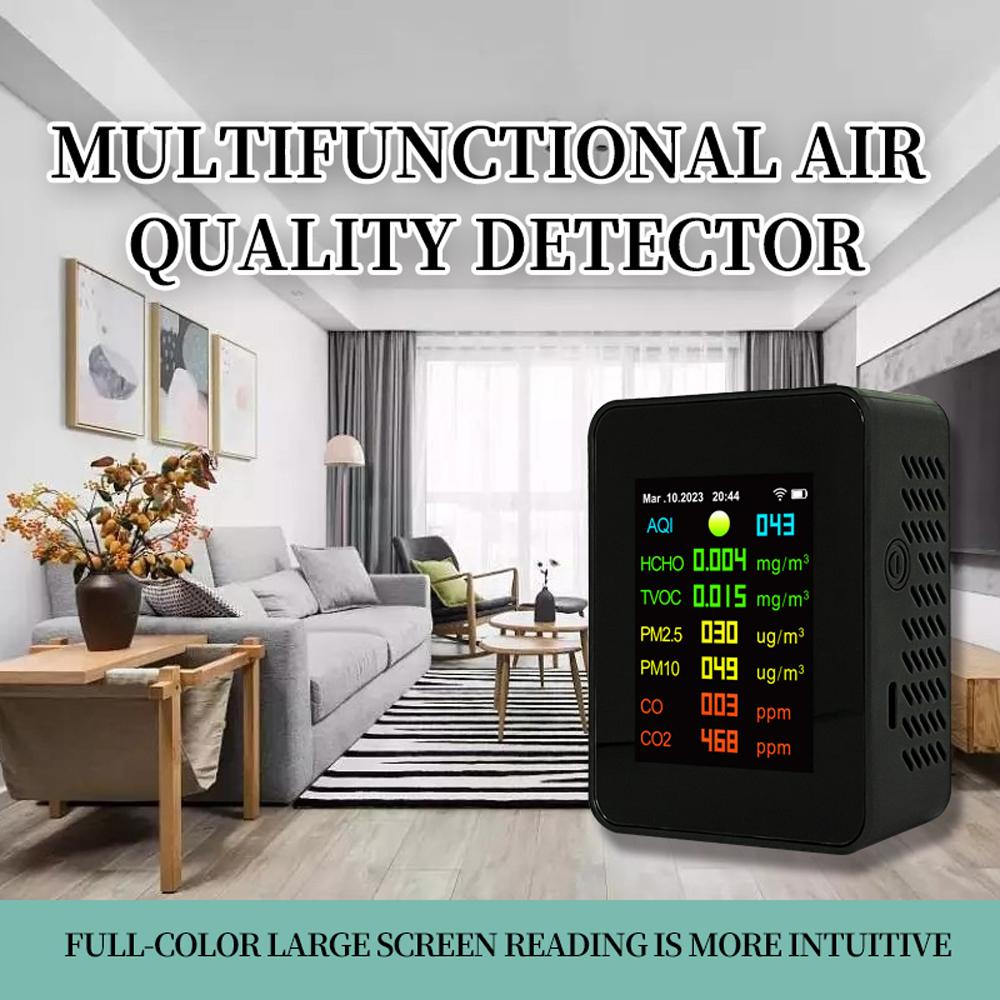

Tuya Wifi Portable Air Quality Meter 7in1 PM2.5 PM10 Carbonic Oxide CO2 TVOC HCHO AQI Tester TFT Color Screen Carbon чёрный