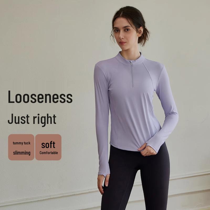 Women's Reflective Long Sleeve Yoga T-shirt - Night Run Fitness Top with Half-Zip Style for Autumn Running and Training
