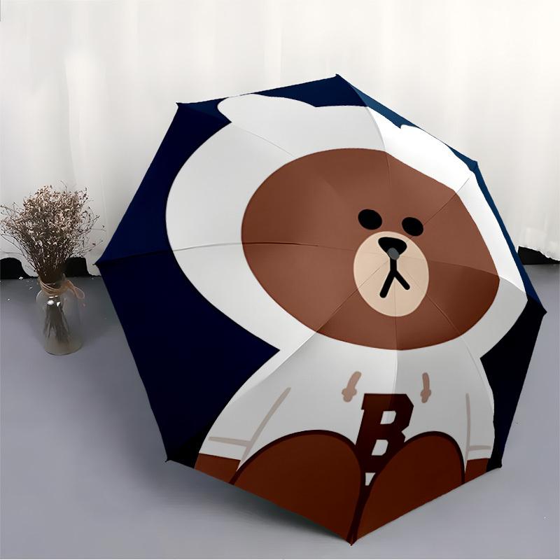 1pc Brown Bear Line Automatic Folding Umbrella with 8-Rib Compact & Lightweight Design, Self-Opening/ Closing017