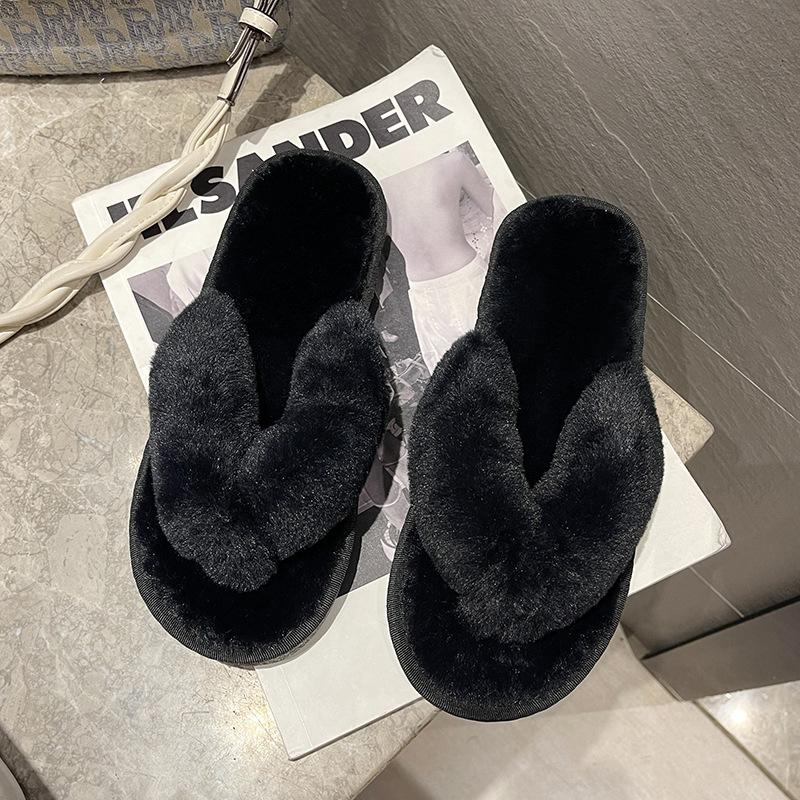 Fashion Women Fluffy Flip Flops Winter Outdoor Slippers Non Slip Flat Sandals Open Toe Large Size