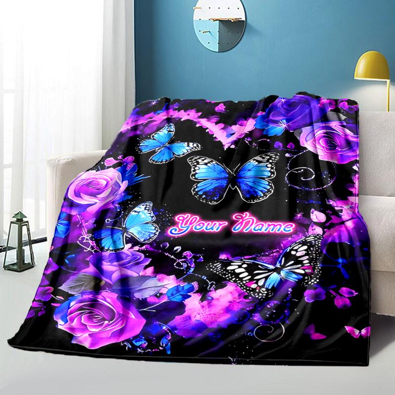 1PC Custom Name Butterflies Roses Fantasy Flannel blankets Patterns Throw Blanket All-Season Soft Gift for Couch, Bed, Camping gifts