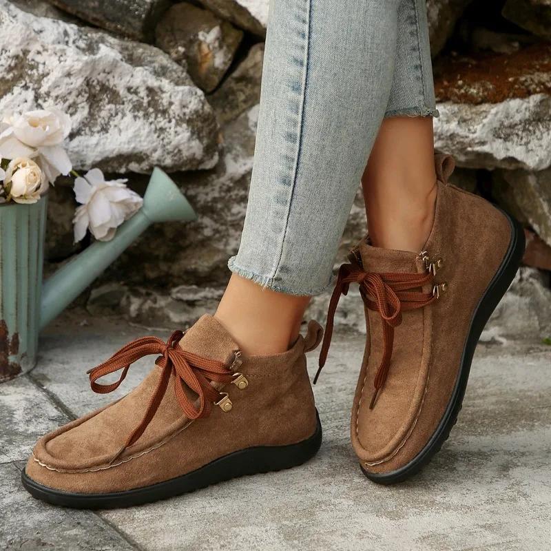 Fashion 2025 New Women's Chunky Sole Casual High-Top Shoes Plus Size Comfortable Flat Lace-Up Anti-Slip Ankle Boots Ladies Sneakers