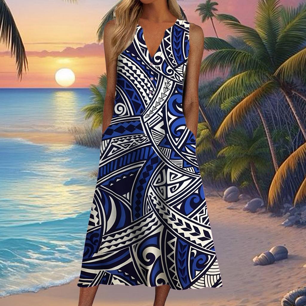 European and American summer new women's clothing, fashionable pocket V-neck striped sleeveless casual dress