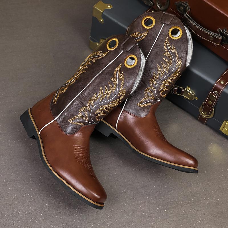 Herren Mid-Calf Stiefel Klassische Ethnische Stickerei Western Cowboy Stiefel Designer Quadratische Spitze Ritterstiefel Qualitätsleder Freizeitstiefel