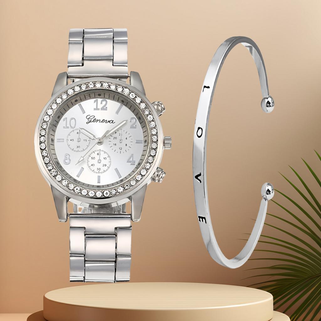 Three-eye Watch with Diamond Alloy Steel Belt Watch Women's Geneva Quartz Watch Set