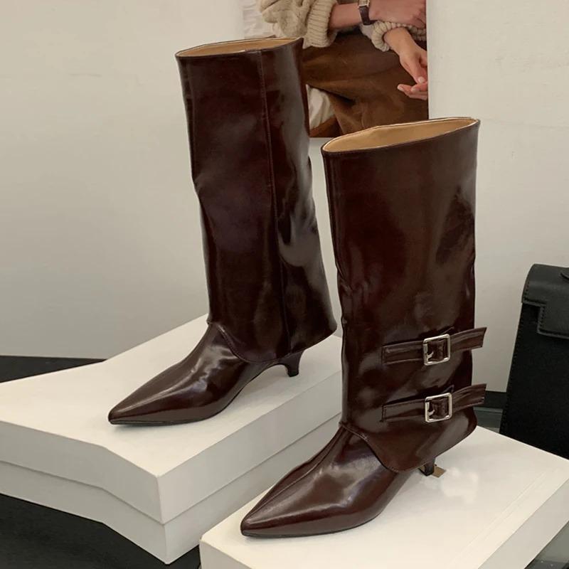Mode Mode Damstövlar Temperament Spetsig Tå Läderstövlar Eleganta Ben Byxor Skaft Ankelstövletter Bältesspänne Knähöga Stövlar för Kvinnor