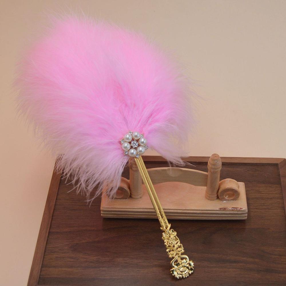 

Exquisite Pearl Hand Feather Fan Fluffy Feathers Handmade Craft Portable Fan Traditional Fairy Style Wedding Bridal Fan розовый