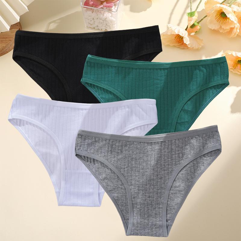 4PCS/SET Women's Cotton Panties Sexy Soft Striped Underpants Solid Color Briefs Female Comfortable Stretch Lingerie M-XL