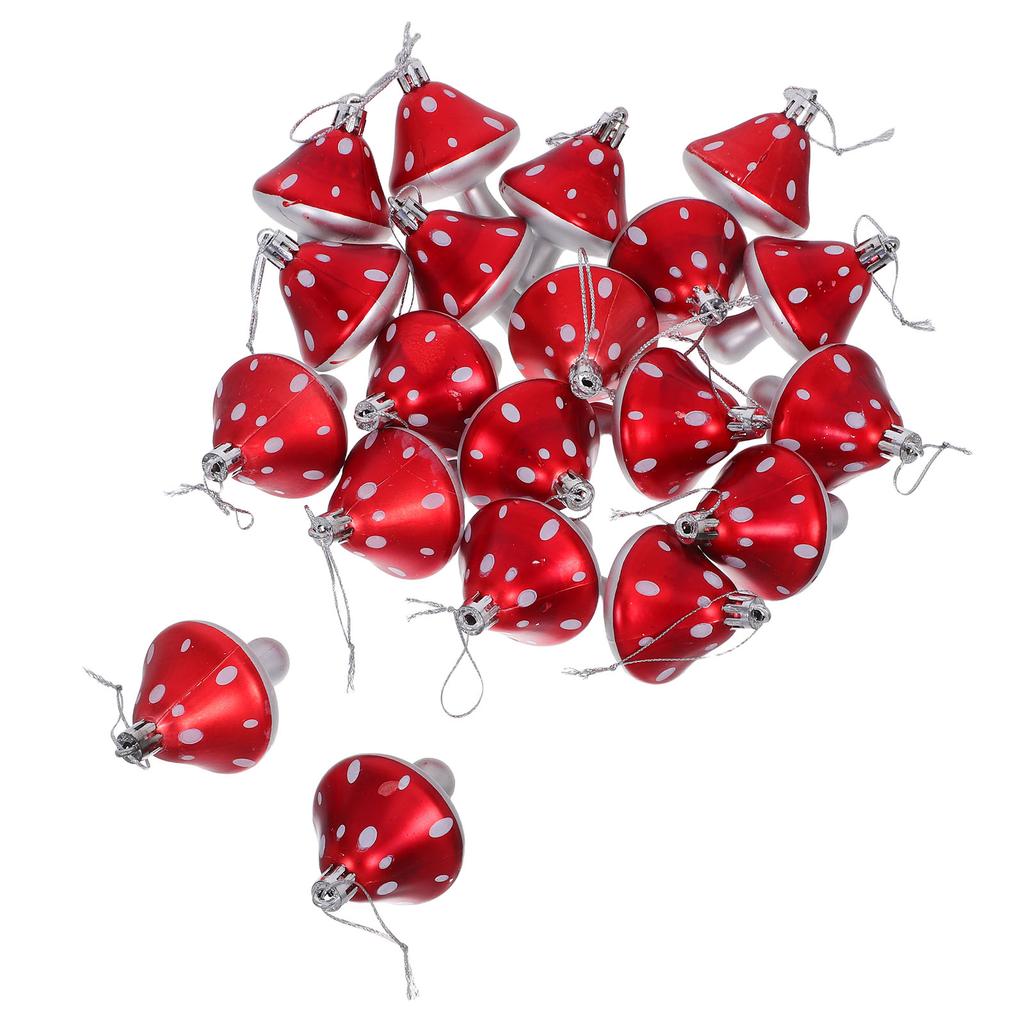 20Pcs Christmas Mushroom Ornaments Red Plastic Hanging Decor Xmas Tree Pendant Festival Tree Ornaments Party Favors