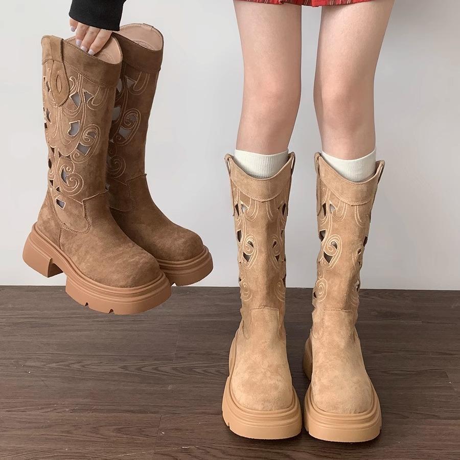 Retro britský styl ale ke kolenům vysoké boty na silné podrážce dámské 2025 nové jarní a podzimní zvyšující duté V-výstřih rytířské boty