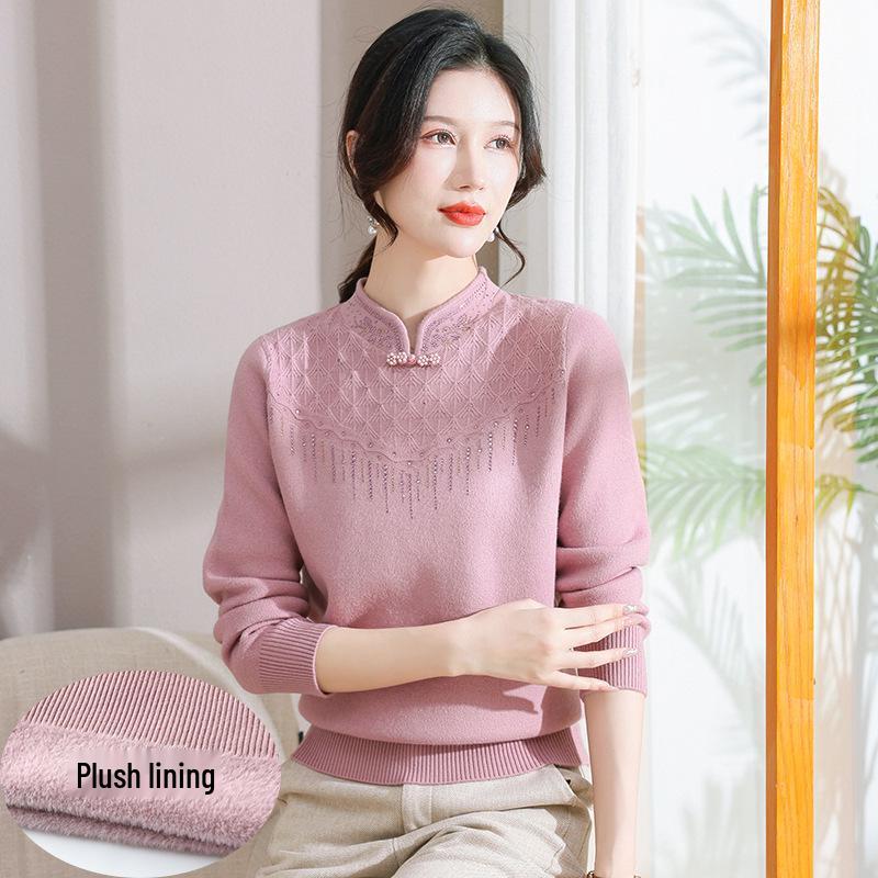 Autumn/Winter Fleece-Lined Knit Base Layer for Middle-Aged & Elderly Women - Half-High Neck, Thickened Fashion Sweater for Mothers