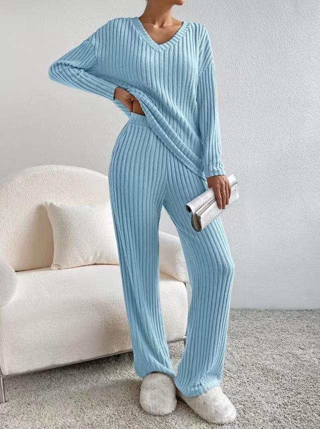 Europe, America, Autumn and Winter New Two-piece Fashion Casual Straight-leg Pants Temperament Loose V-neck Pit Strip Knitted Suit