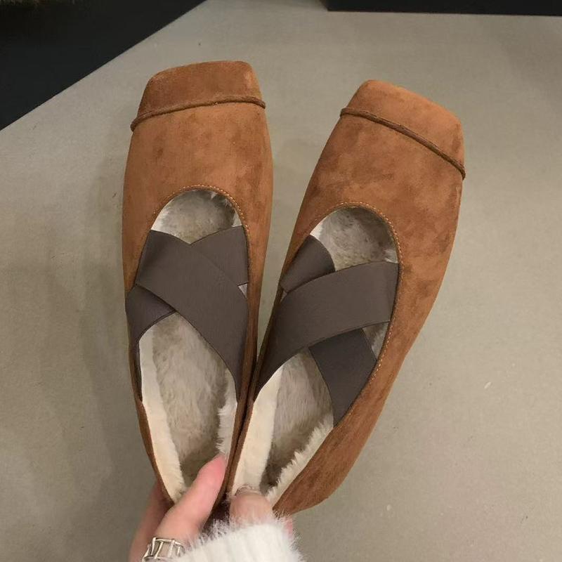 

Замшевые туфли для танцев с квадратным носком, короткие плюшевые туфли на плоской подошве, повседневные хлопковые туфли 2025 года, трендовые мягкие зимние туфли для женщин Zapatillas 35