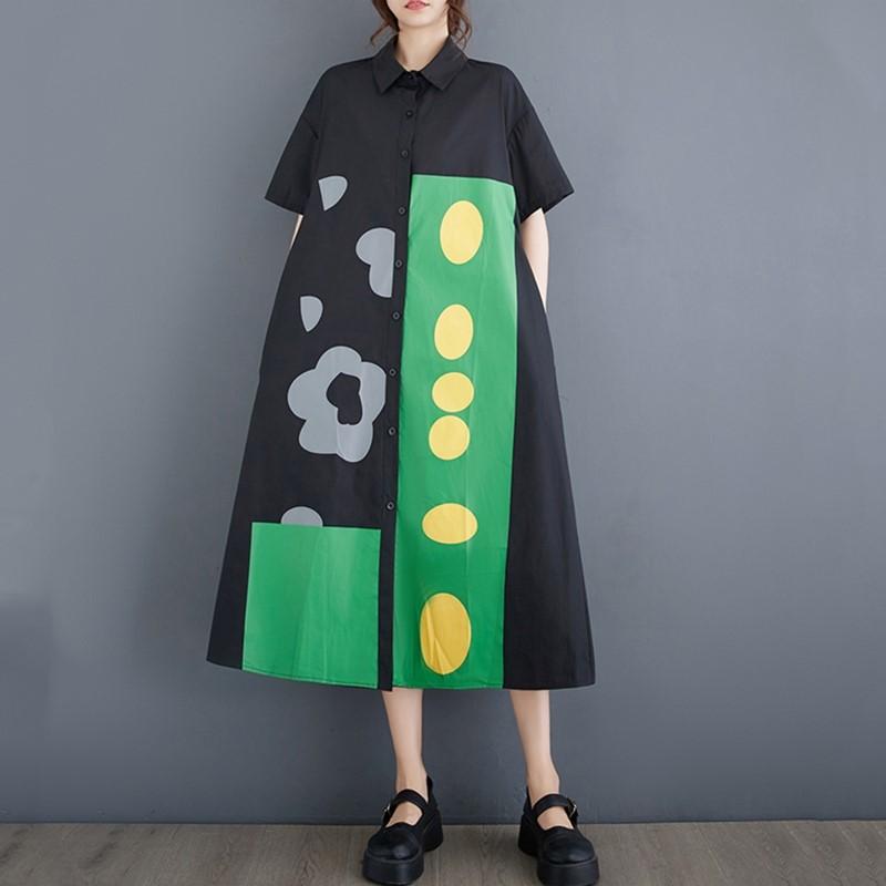 

Короткий рукав Великий розмір бавовна вінтажна квіткова новинка в сукнях для жінок повсякденна вільна довга літня сукня-сорочка чорний