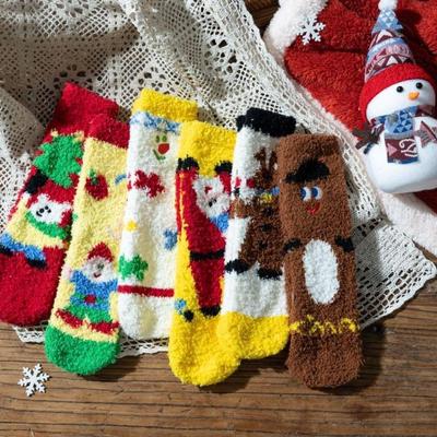 2024 Autumn/Winter Kids' Coral Fleece Christmas Embroidered Warm Cartoon Floor Socks