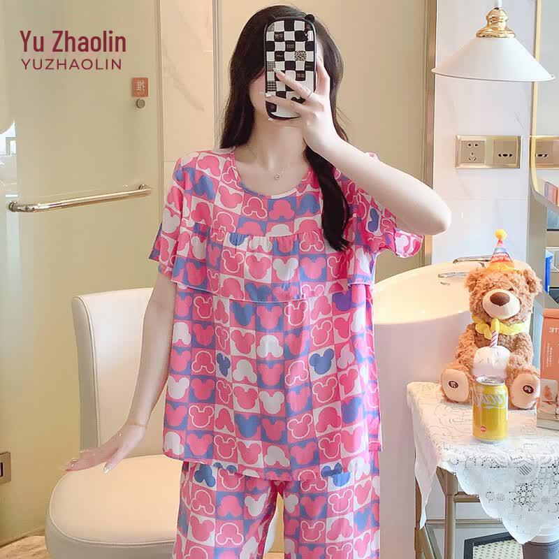 Yuzhaolin Women s Short Sleeve Mid-Pants Pajama Set XXL