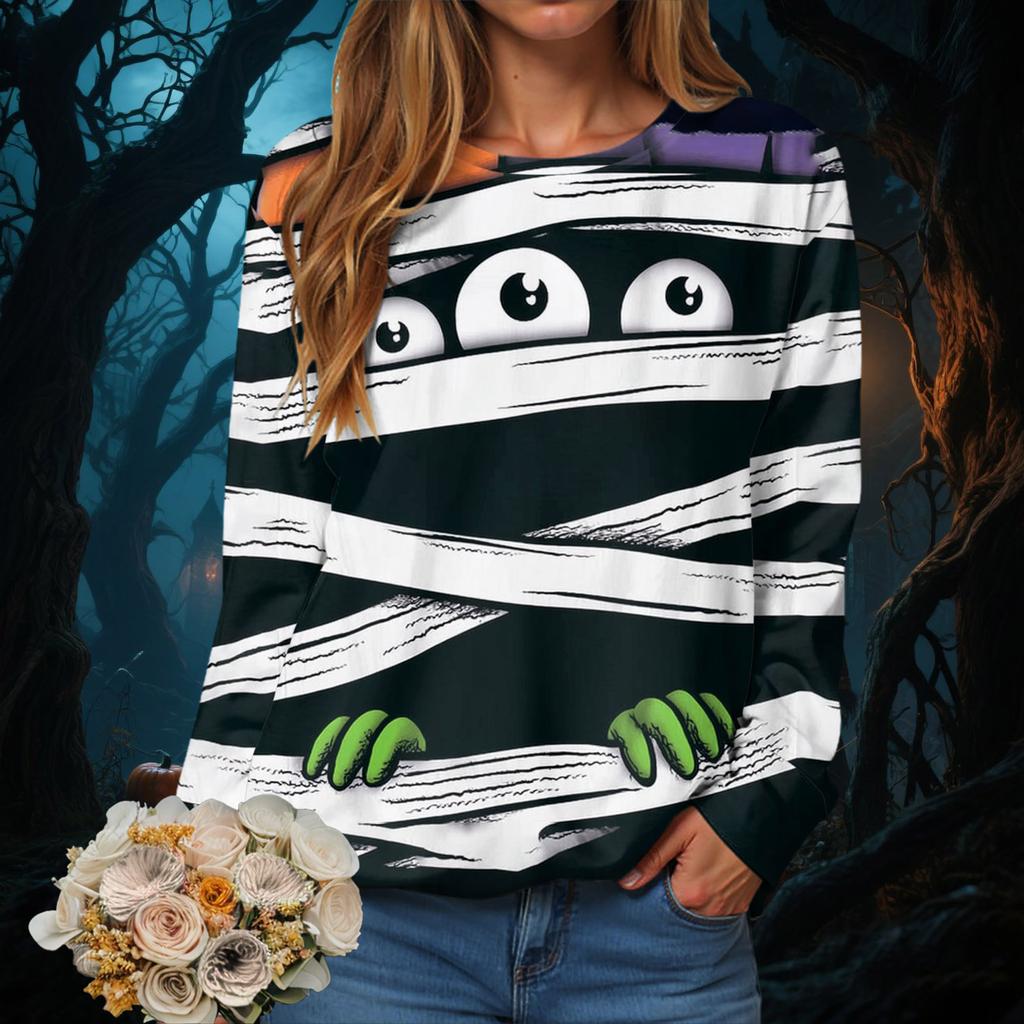 Halloween Serie 3D Digital bedrucktes Damen Harajuku Style Casual Rundhals Langarm T-Shirt