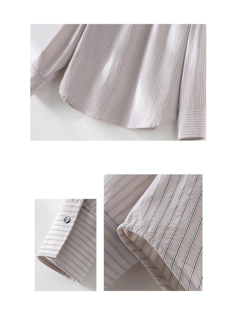 Women's Pure Cotton Striped Shirt with Ribbon Design - Slimming, Loose-Fit, Casual Spring Top