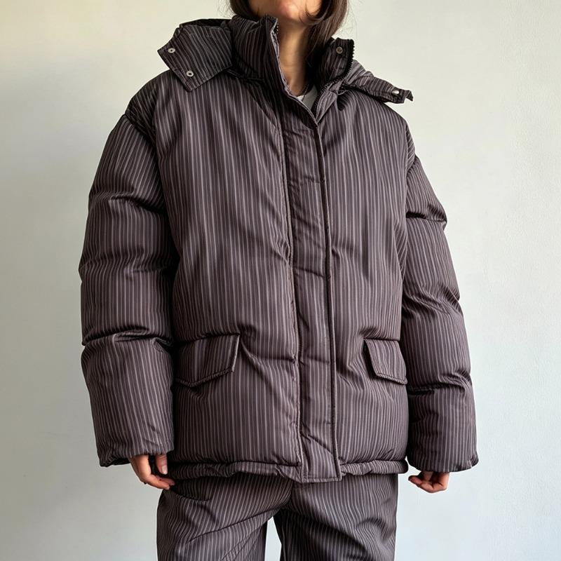 Women Loose Drawstring Striped Warm Thick Hooded Winter Puffer Coat