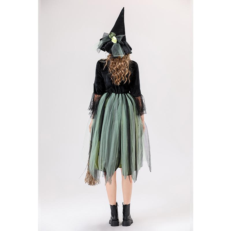 Cosplay Halloween Costume Adult Green Mesh Witch Dress, Camellia Spider Web Witch, Holiday Dress Stage Dress