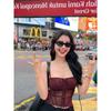 Women Y2K Mesh Corset Tank Top, Black Thin Spaghetti Strap Ruched Bust Sheer Mesh Button Front Slim Cropped Sleeveless Cami Blouse