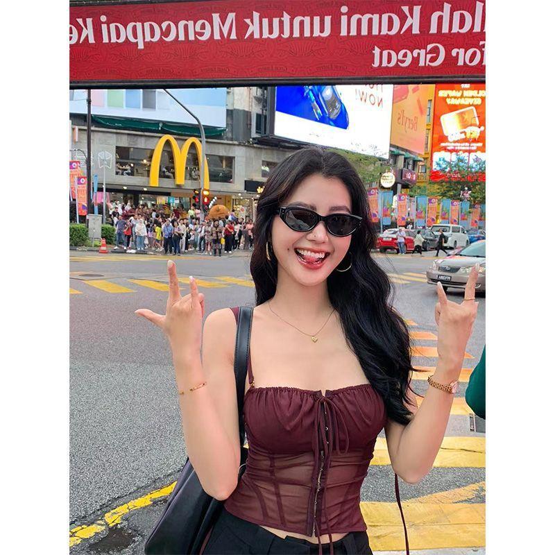 Women Y2K Mesh Corset Tank Top, Black Thin Spaghetti Strap Ruched Bust Sheer Mesh Button Front Slim Cropped Sleeveless Cami Blouse S вино красного